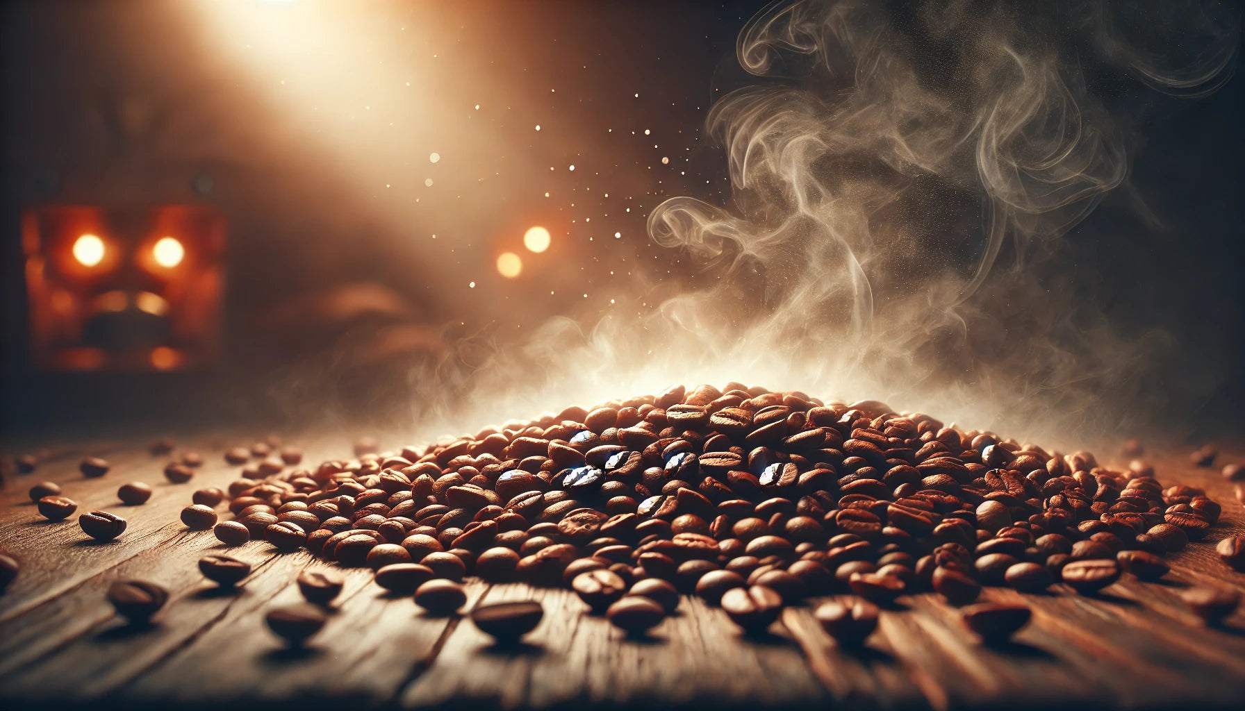 Vers geroosterde koffiebonen met opstijgende aroma’s op een houten tafel in warm licht